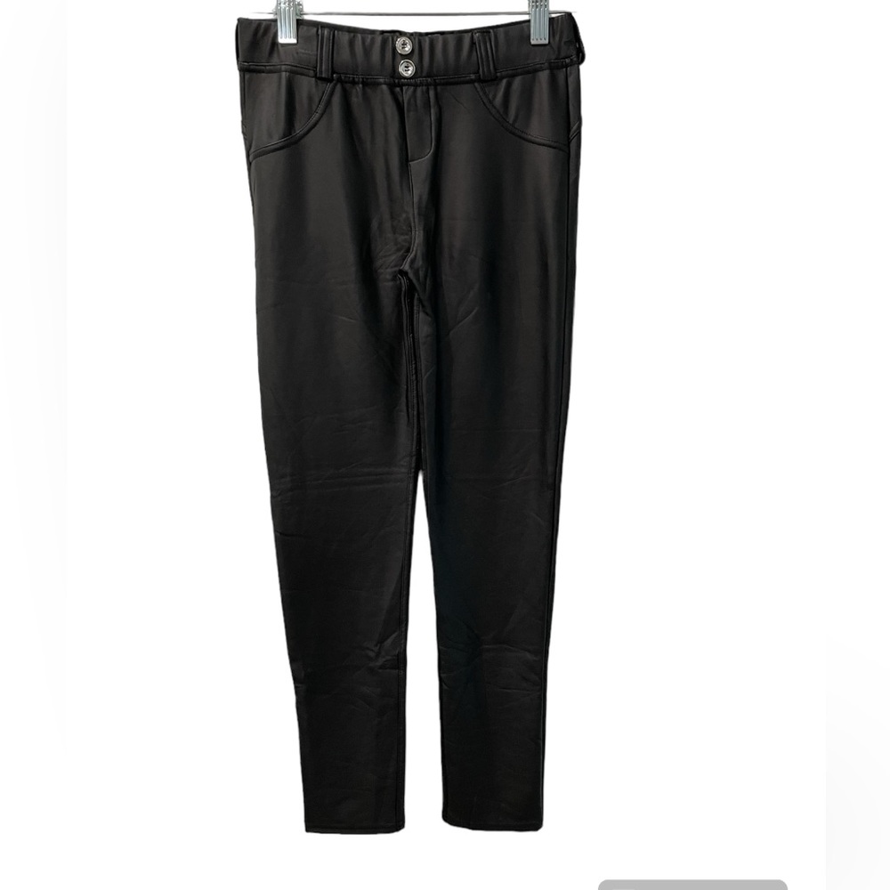 Womens Faux Leather Leggings Pants PU Elastic Shaping Hip Push Up Black size-S
